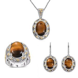Tiger’s Eye Earrings, Ring and Pendant in 18K YG Plated Platinum Bond - Size 7